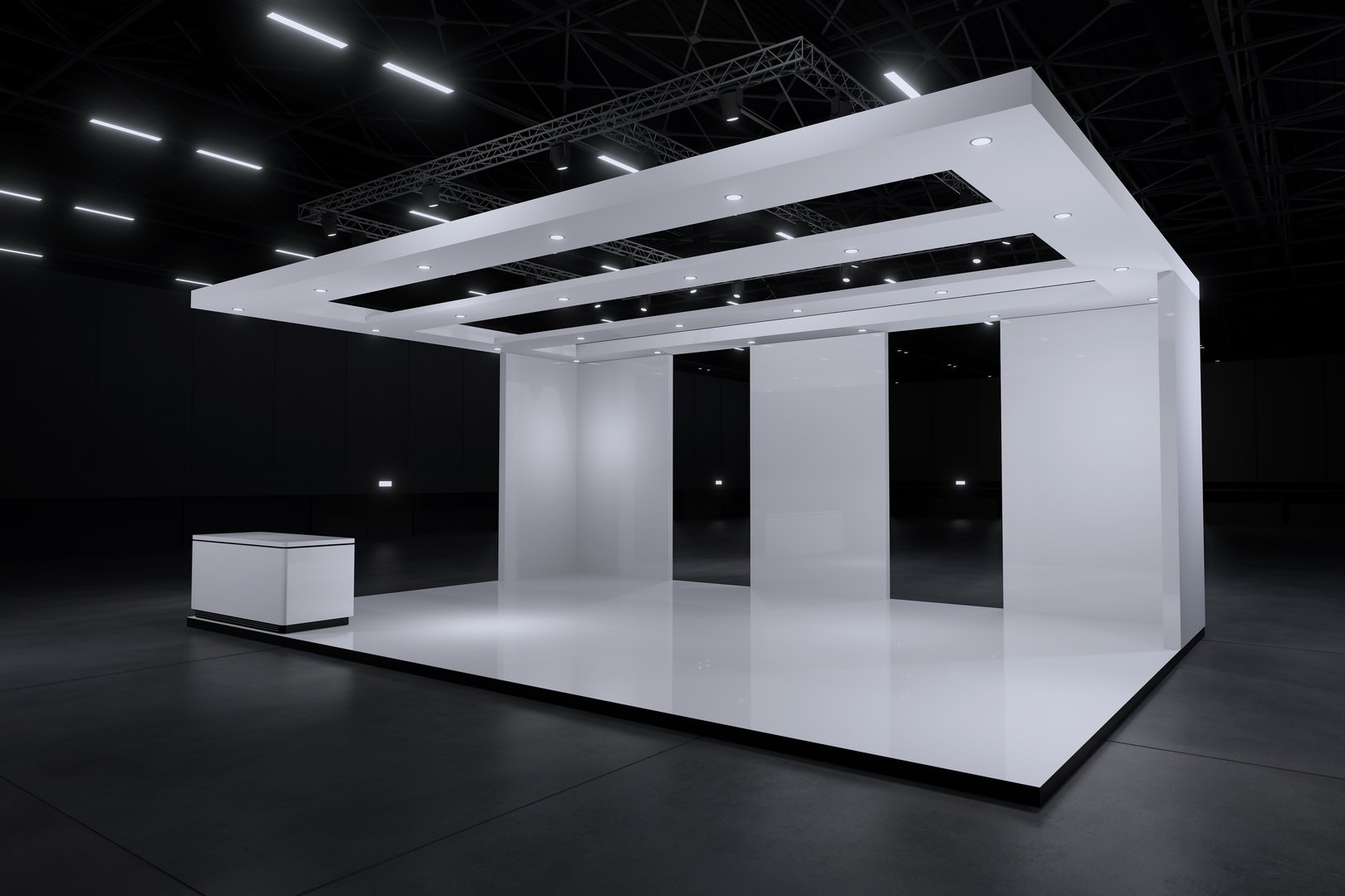 Exhibition stand for mockup and Corporate identity,Display design.Empty booth Design.Retail booth elements in Exhibition hall.booth Design trade show.Blank Booth system of Graphic Resources.3d Background for online Event,conference,live.3d render.