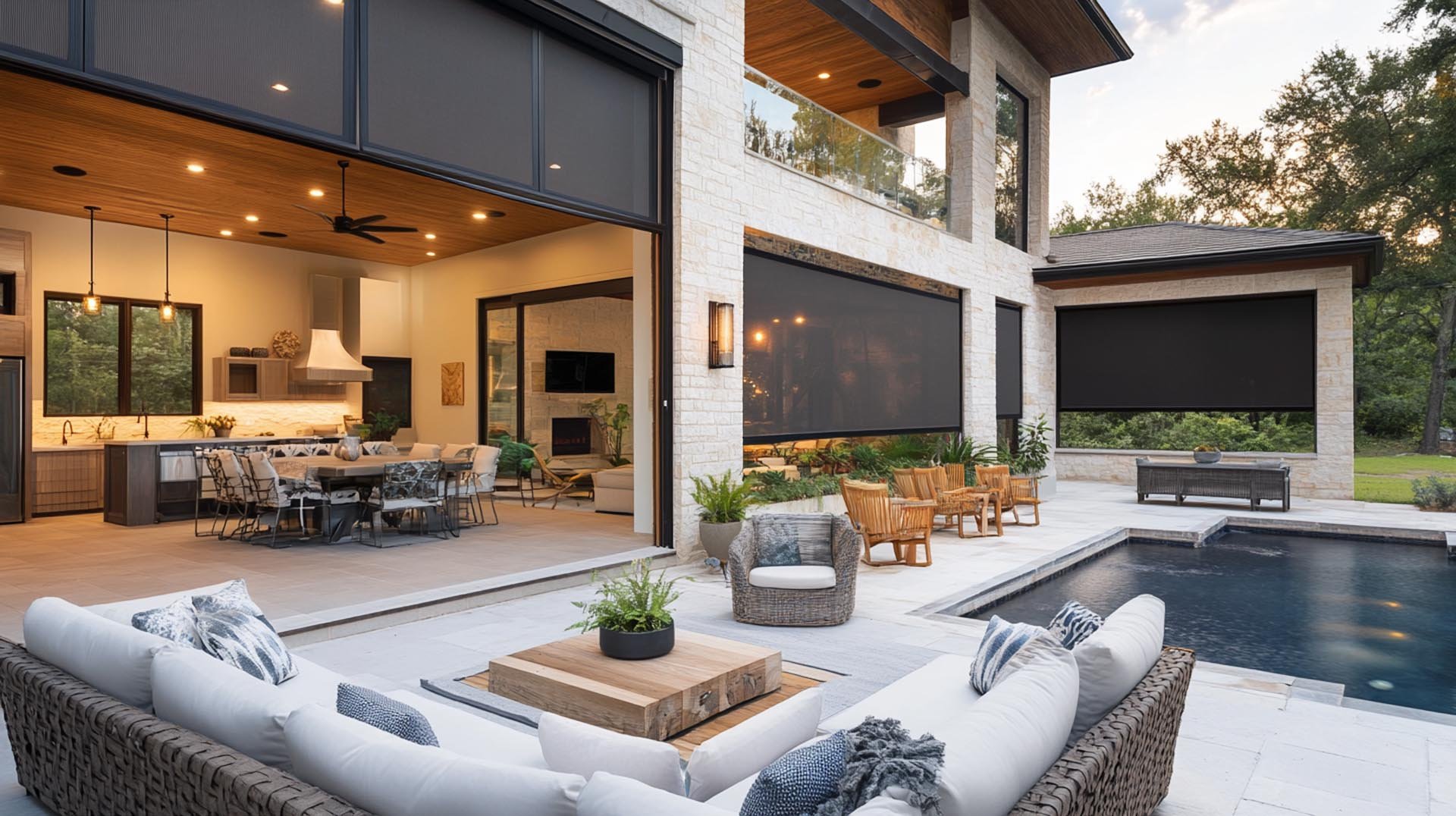 Window sun screens on modern home