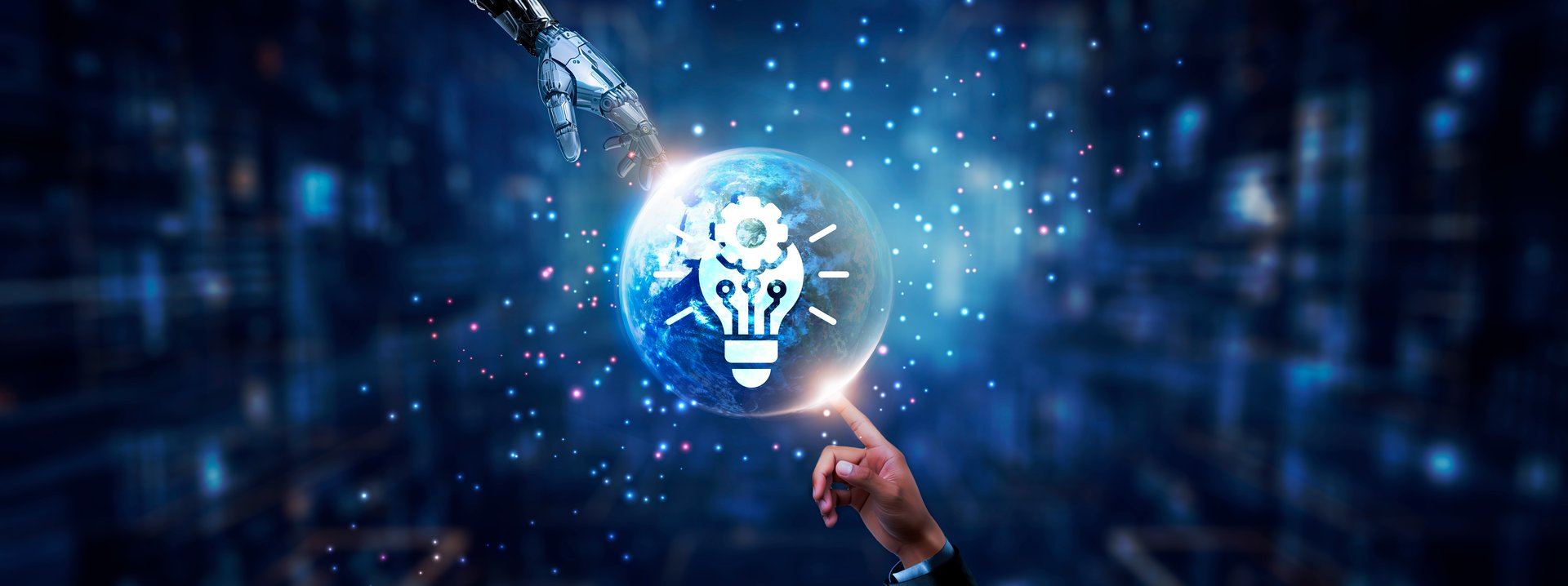 Hands of robot and human touching on innovation technology icon global network connection, smart systems, automation, data analytics, and artificial intelligence technology.