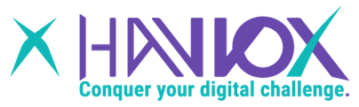 Logo of Haniox with the slogan Conquer your digital challenge. in teal and purple colors.