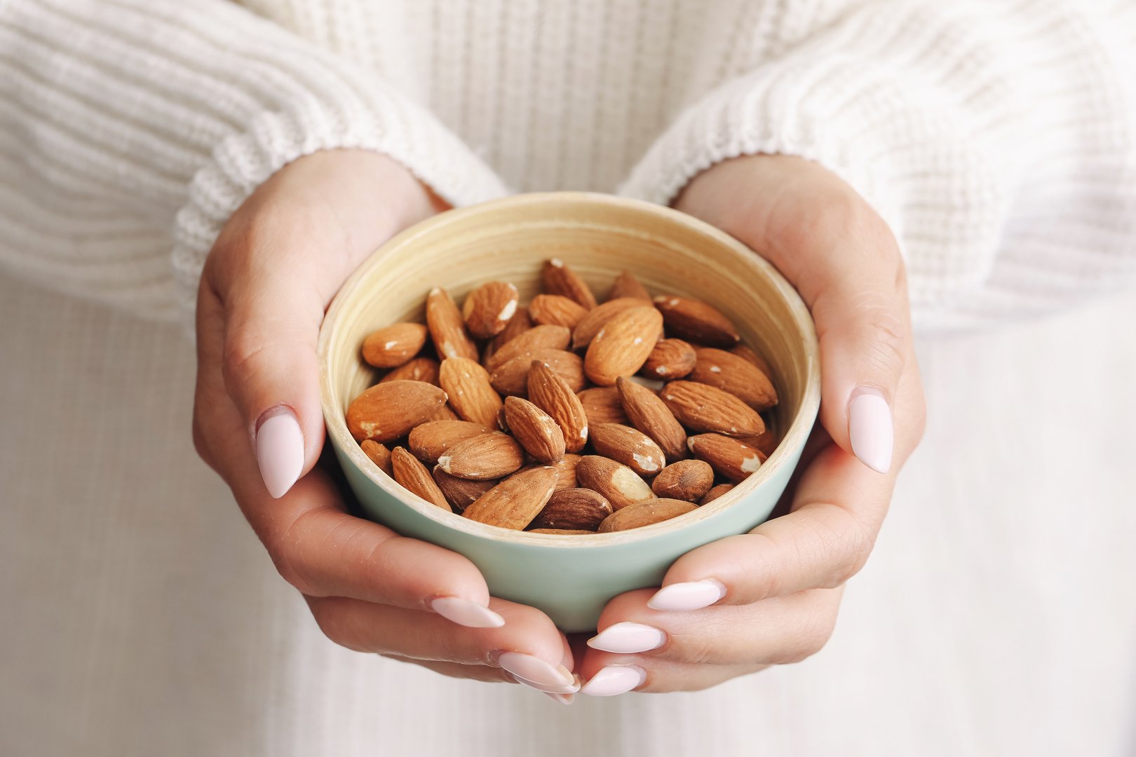 Vegan protein food closeup. Brown nuts in light background.