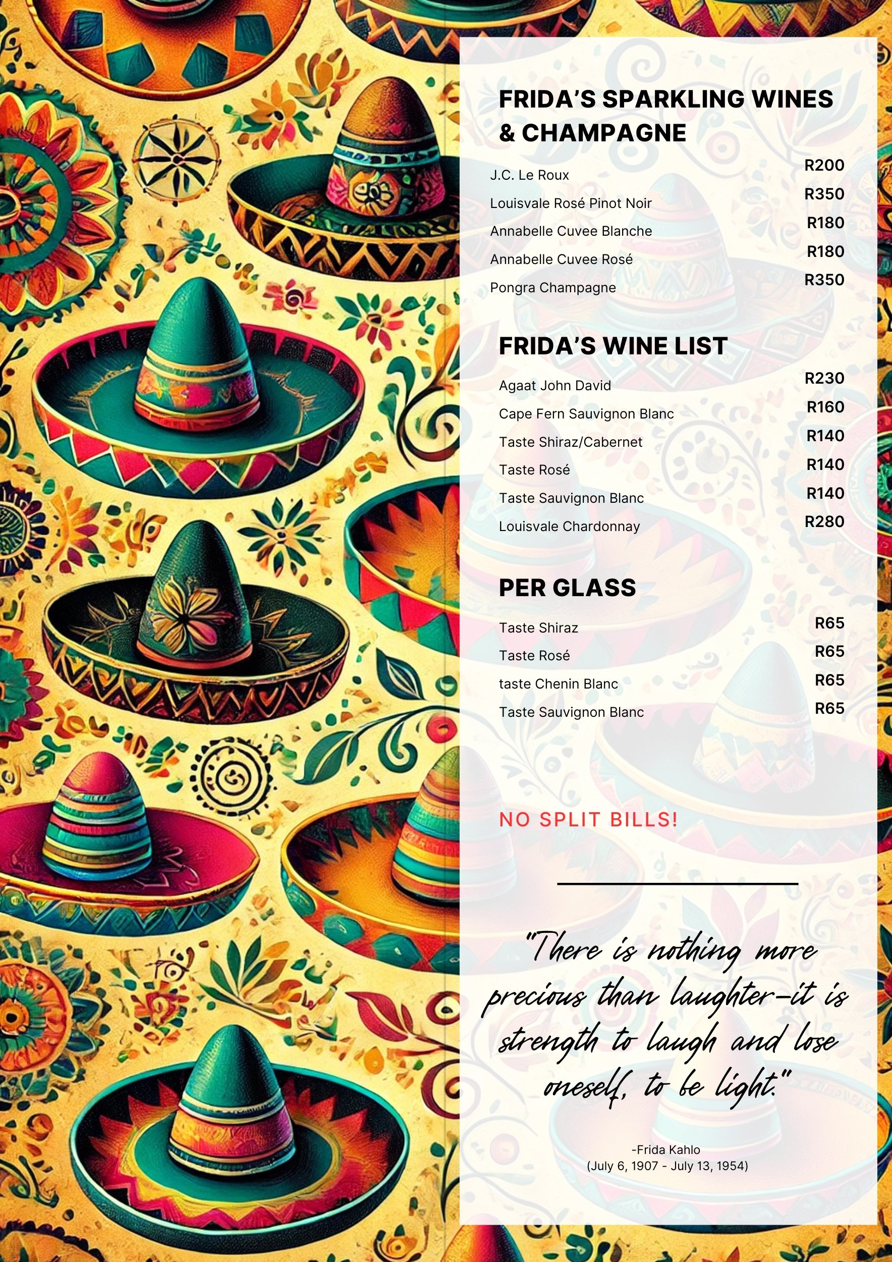 Coffee at Kahlo Half Page Drinks Menu