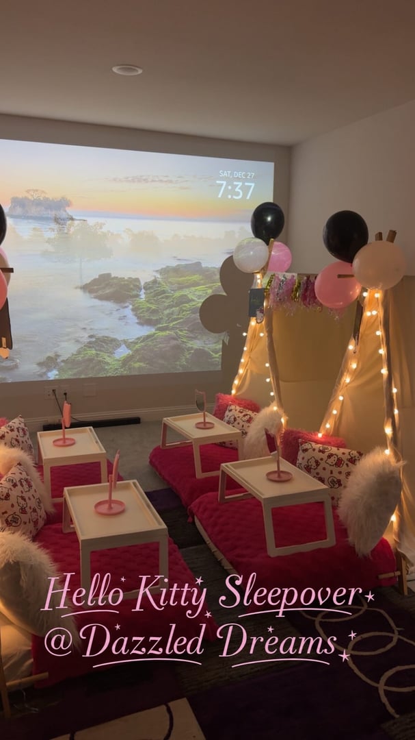 Hello Kitty themed teepee tent setup for magical slumber party