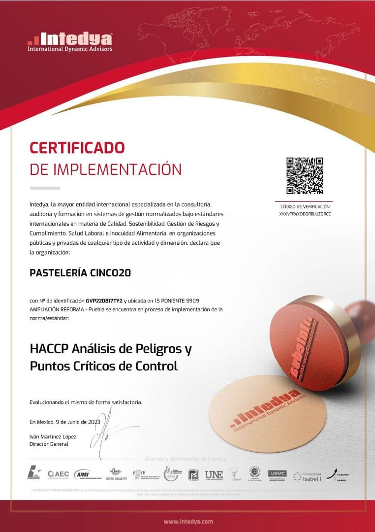 Certificación HACCP de Pastelería Cinco20