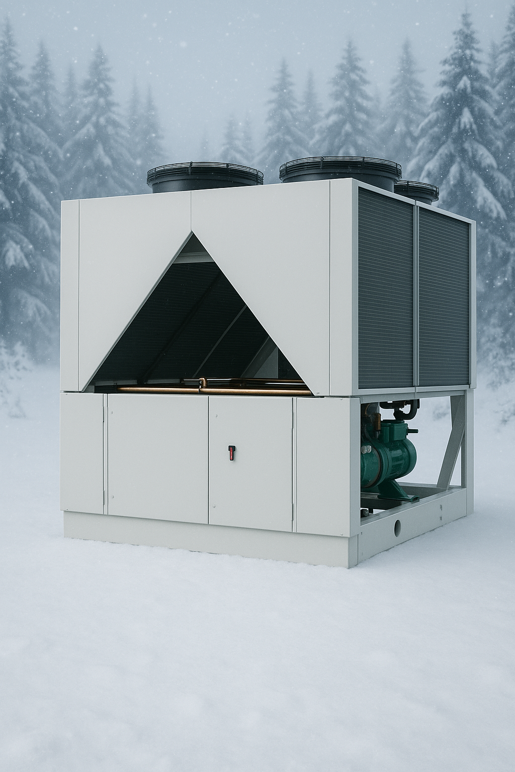 Industrial HVAC unit in snowy forest setting, surrounded by snow-covered trees. Unit features vents and two large fans.