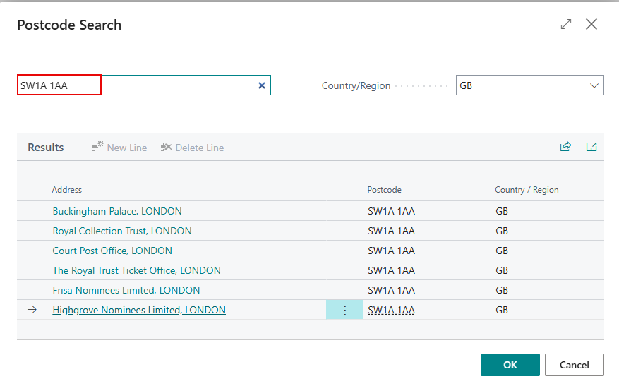 Postcode search with address matches