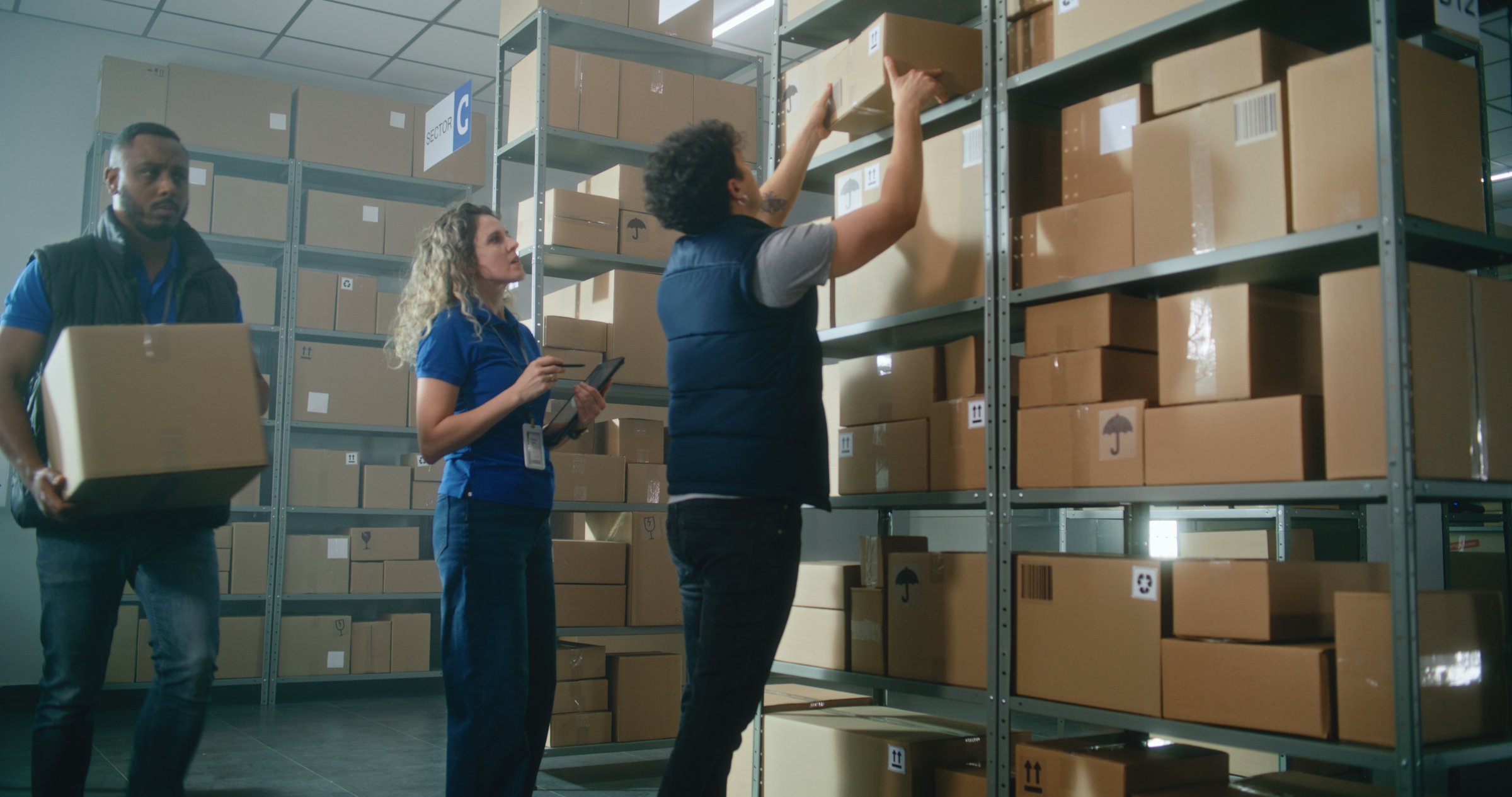 Male warehouse associate puts cardboard box with goods on the shelf. Female inventory manager uses tablet computer, scans code on parcel. Logistics distribution center with E-commerce online orders.