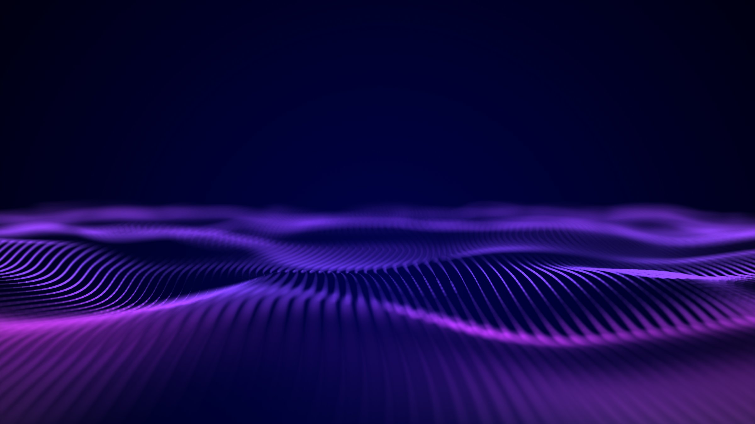 Abstract waves oscillation. Abstract glowing digital cyber wave made particles dots moves purple background. Purple digital waves with light reflections on dark purple. 10k.
