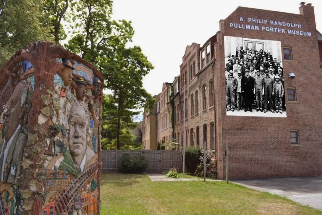 A. Philip Randolph Pullman Porter Museum brick building with a historical mural and a mosaic pillar in the foreground.