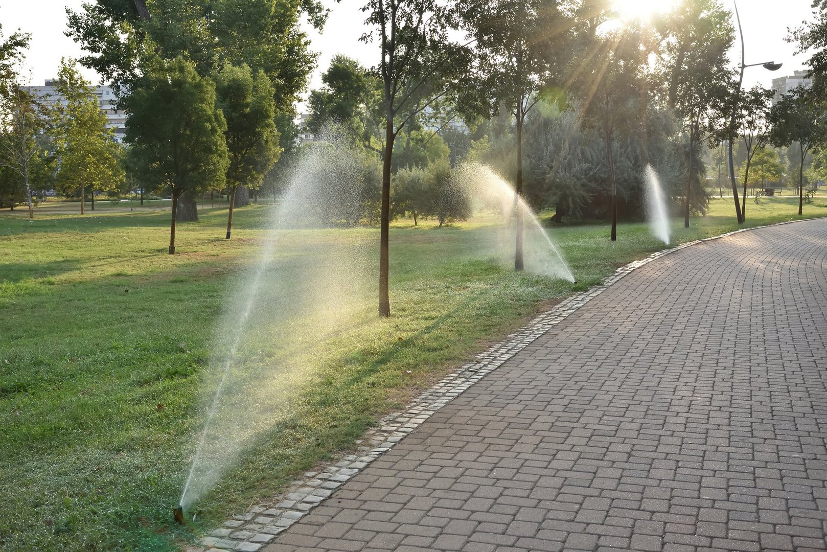 Automatic sprinkler system watering the lawn in the summer morning. Irrigation in the city park. Flying splashes of water falling on the grass. Rotating fountain.
