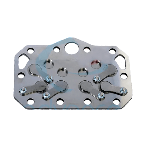 Metal plate with multiple holes and four lever mechanisms attached, likely part of a mechanical system.