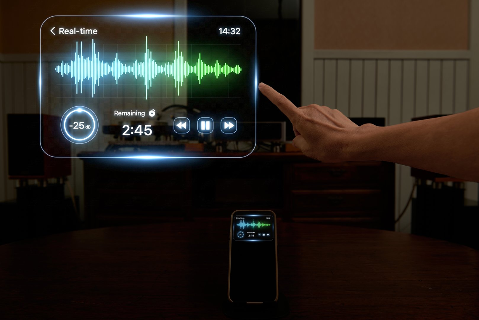 Close up of a finger interacting with a holographic sound wave interface. A concept for voice command, AI assistants, audio editing, podcasting, and modern music technology.
