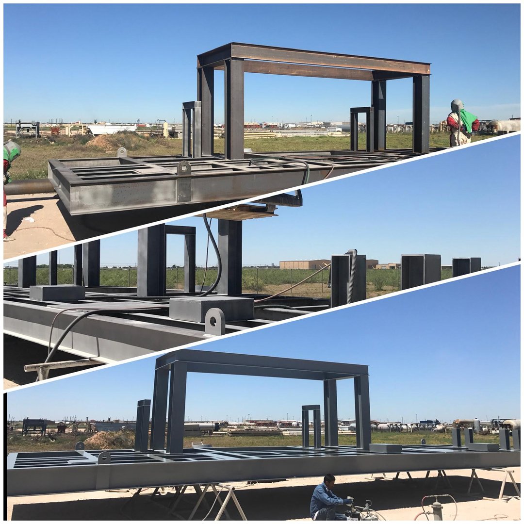 Three-panel collage showing a construction site with metal framework and workers assembling foundation structures.
