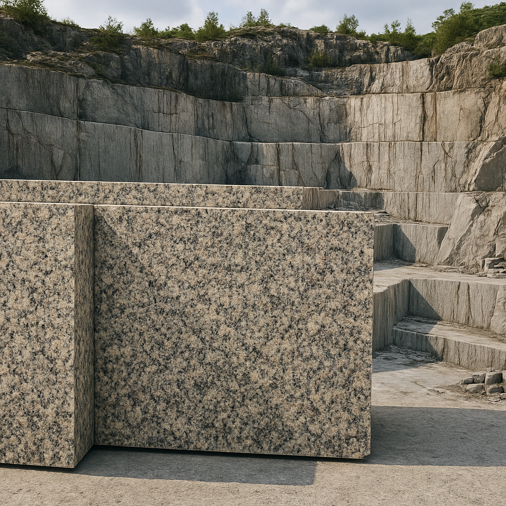 Granite quarry with large stone blocks and rocky cliff walls in the background, under a clear sky.
