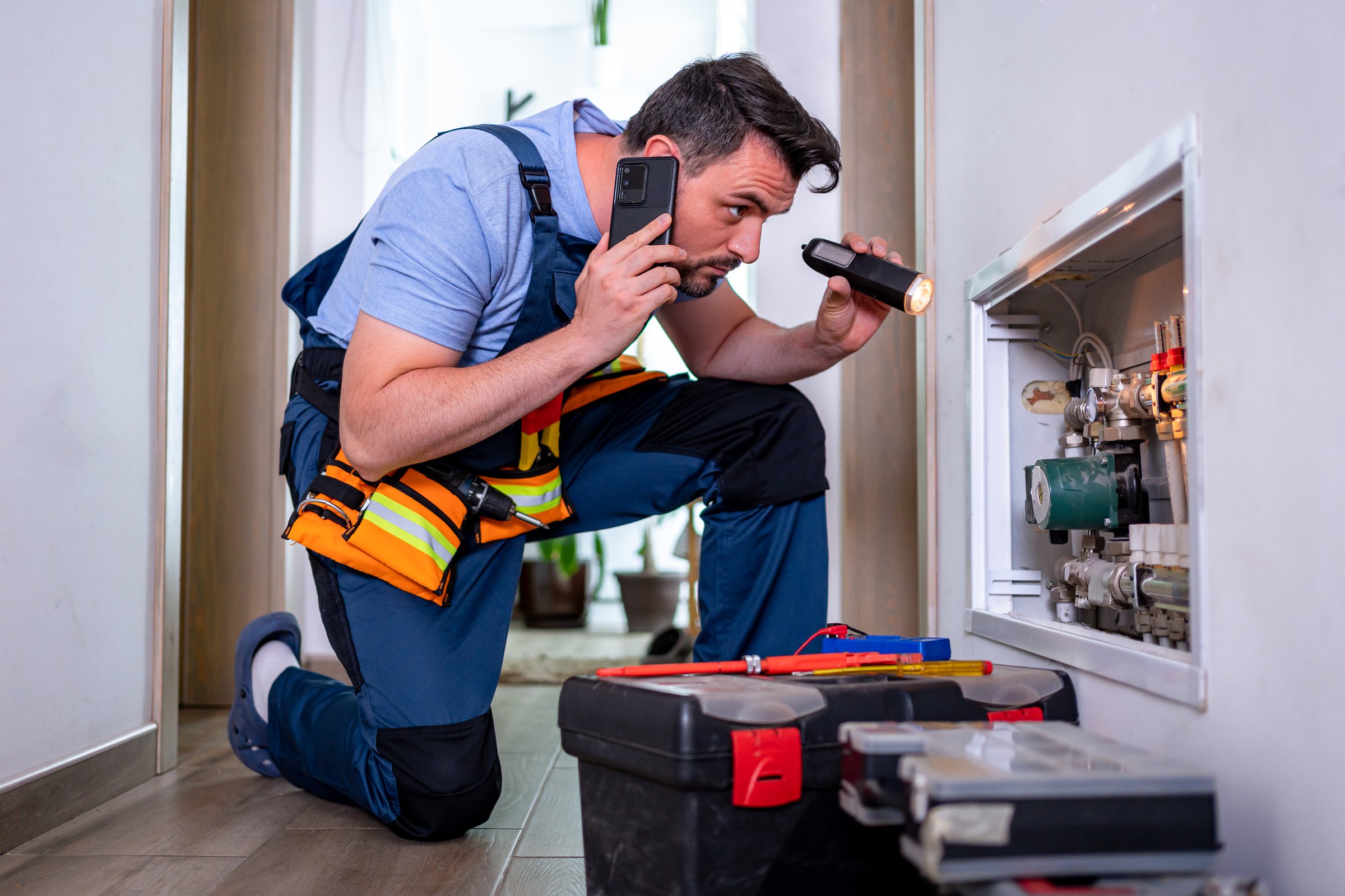 Skilled handyman inspects heating system in household while using flashlight and phone for guidance.