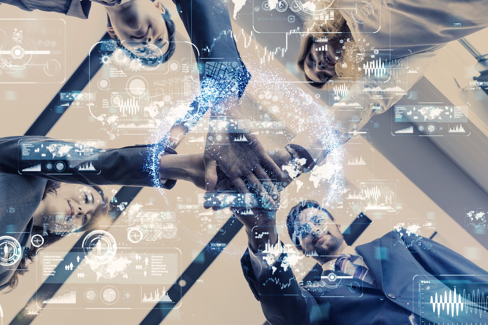 Group of engineers and global communication concept.