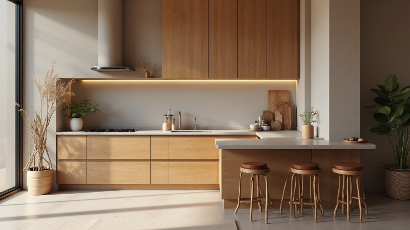 This stylish kitchen features wooden cabinets and modern appliances, creating a bright, inviting space for cooking. 3d render