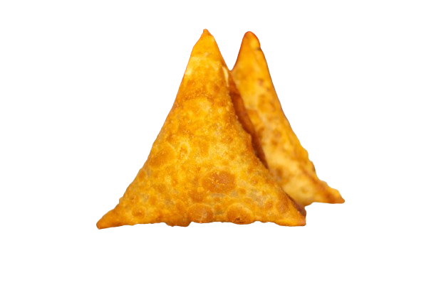 Two crispy, golden-brown samosas with a triangular shape on a white background.