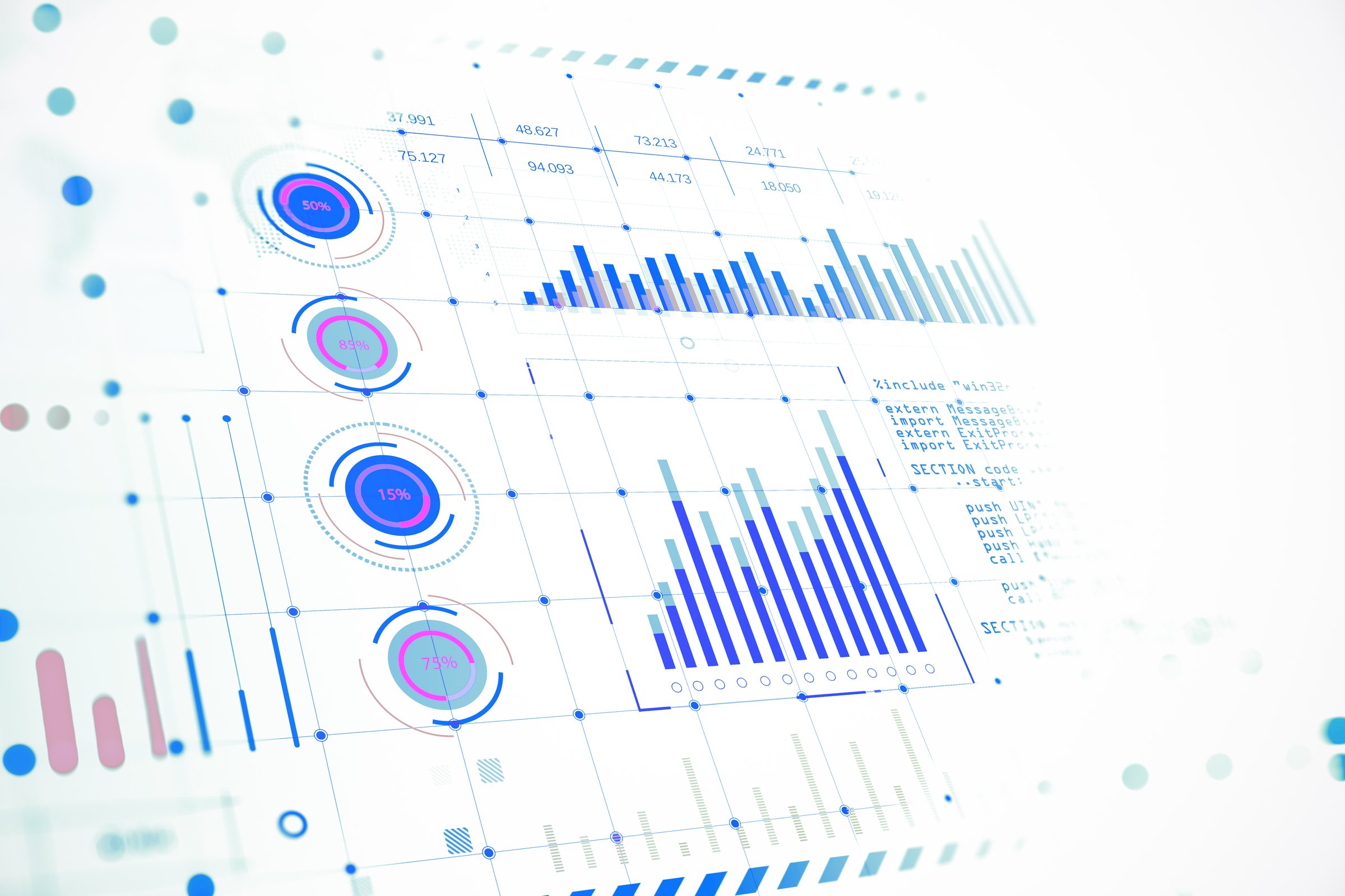 Data graphs on a light background showcasing metrics. 3D Rendering