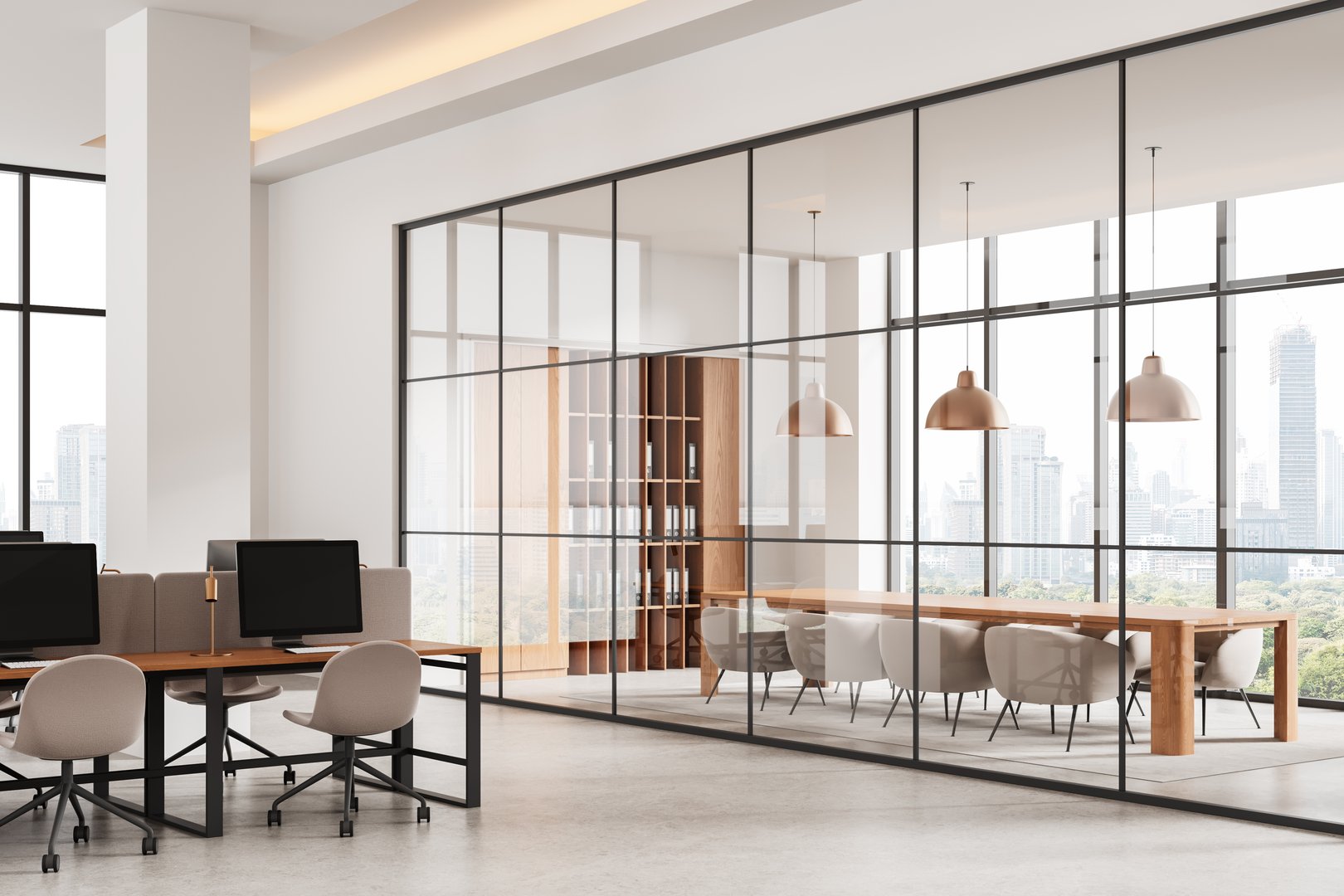 Contemporary office interior with shared desks and a glass-enclosed meeting room, modern design elements, daylight cityscape background, concept of workspace. 3D Rendering