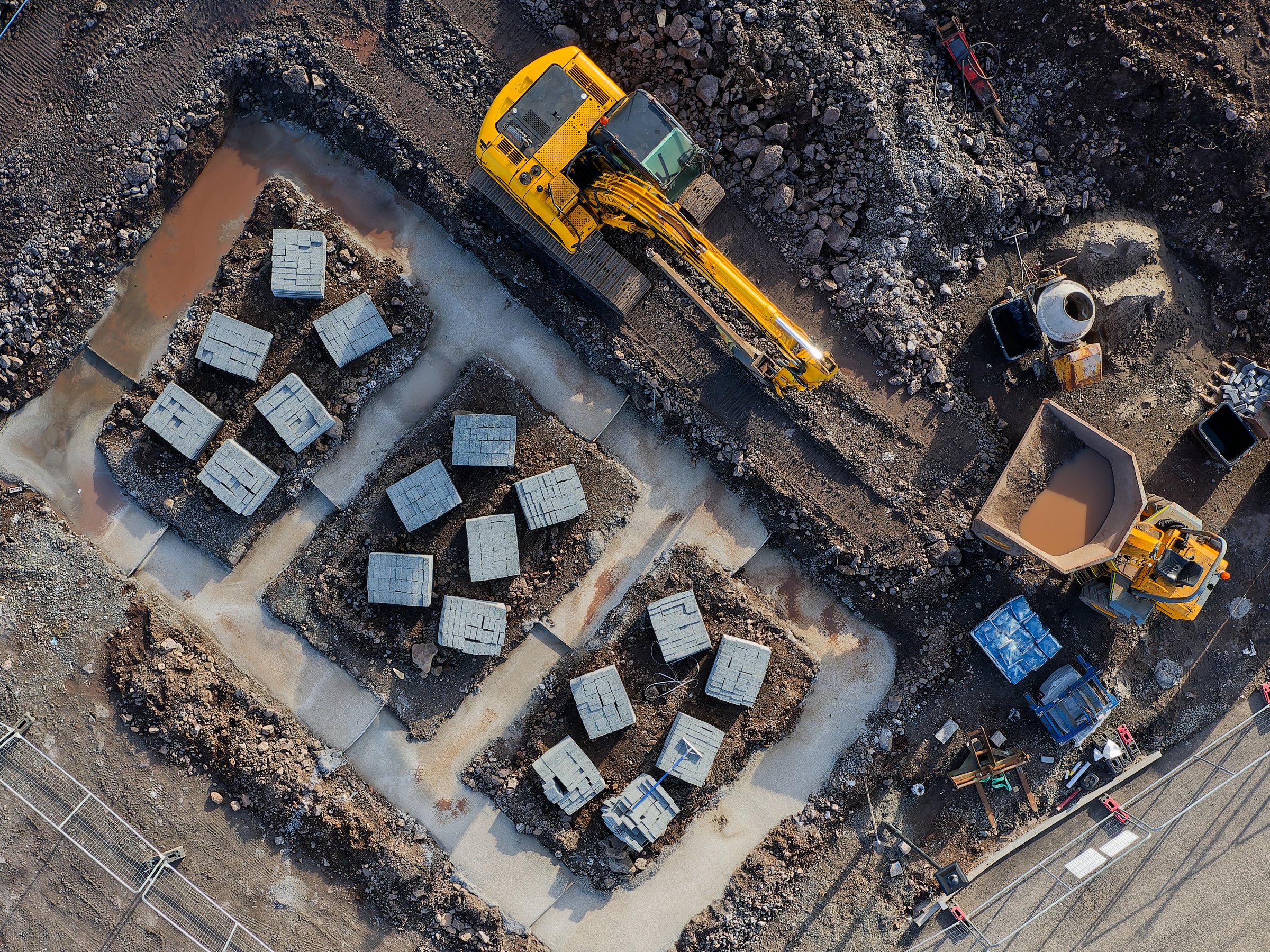 Construction building site aerial view materials uk
