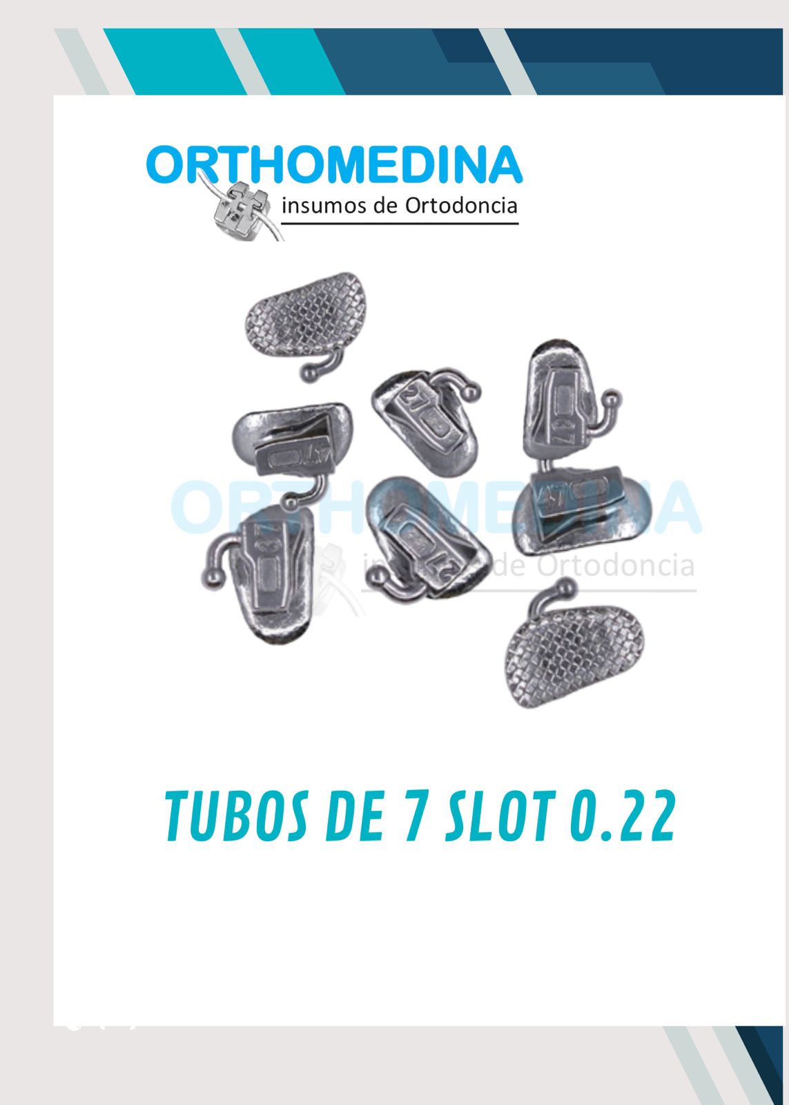 Orthodontic tubes displayed on a background with the Orthomedina logo and text Tubos de 7 Slot 0.22.