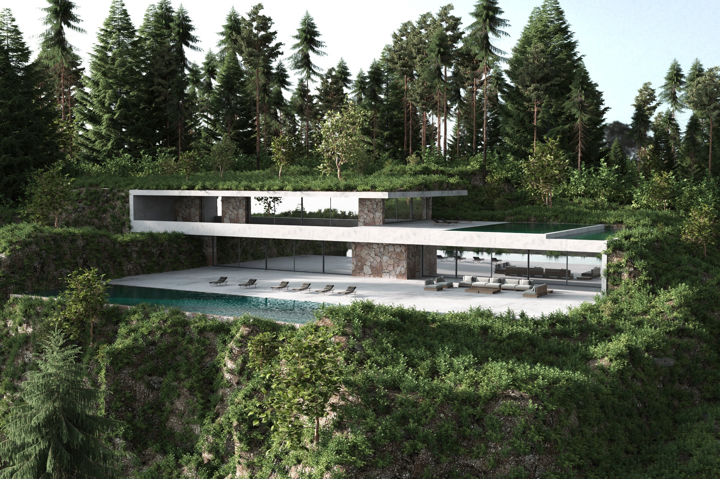 Perspective modern house with terrace, swimming pool on green forest view background. Minimal architecture design with chaise longue. Luxury facade and large panoramic windows. 3D rendering exterior.