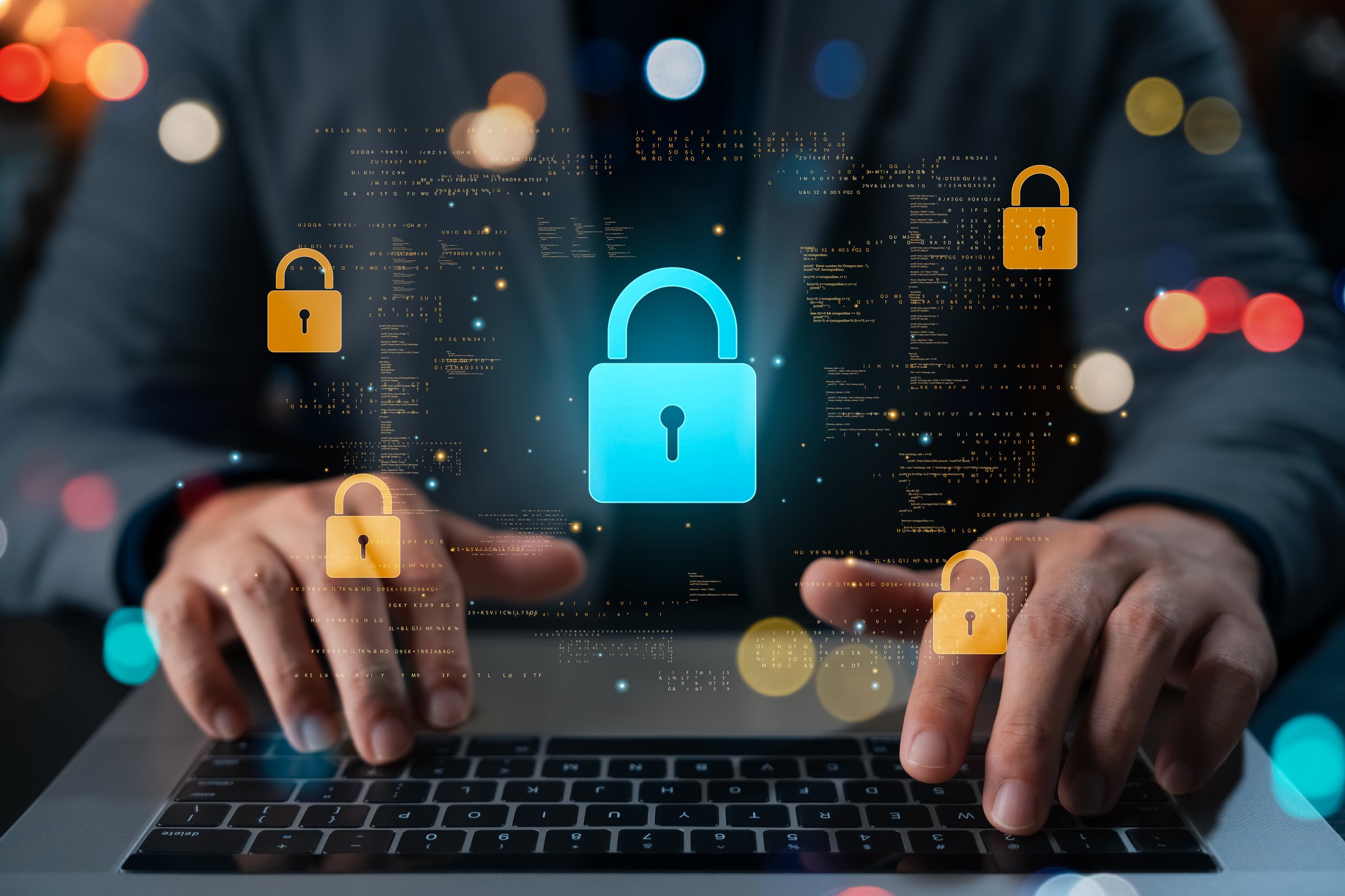 Cybersecurity and data encryption concept showing user typing on keyboard with floating lock icons and code. Representing secure system, data privacy, and digital protection technology.