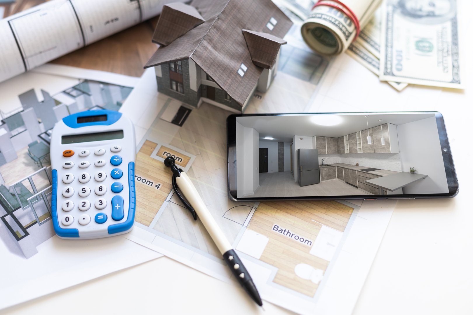 Architecture blueprint and work tool on table. High quality photo