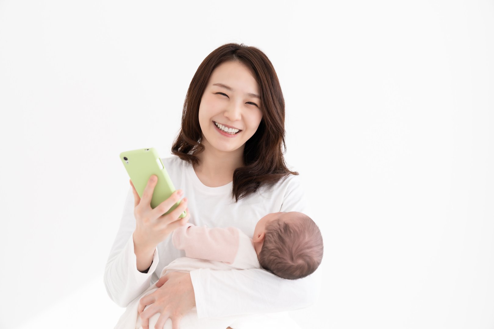 young asian mother and baby,smart phone,
