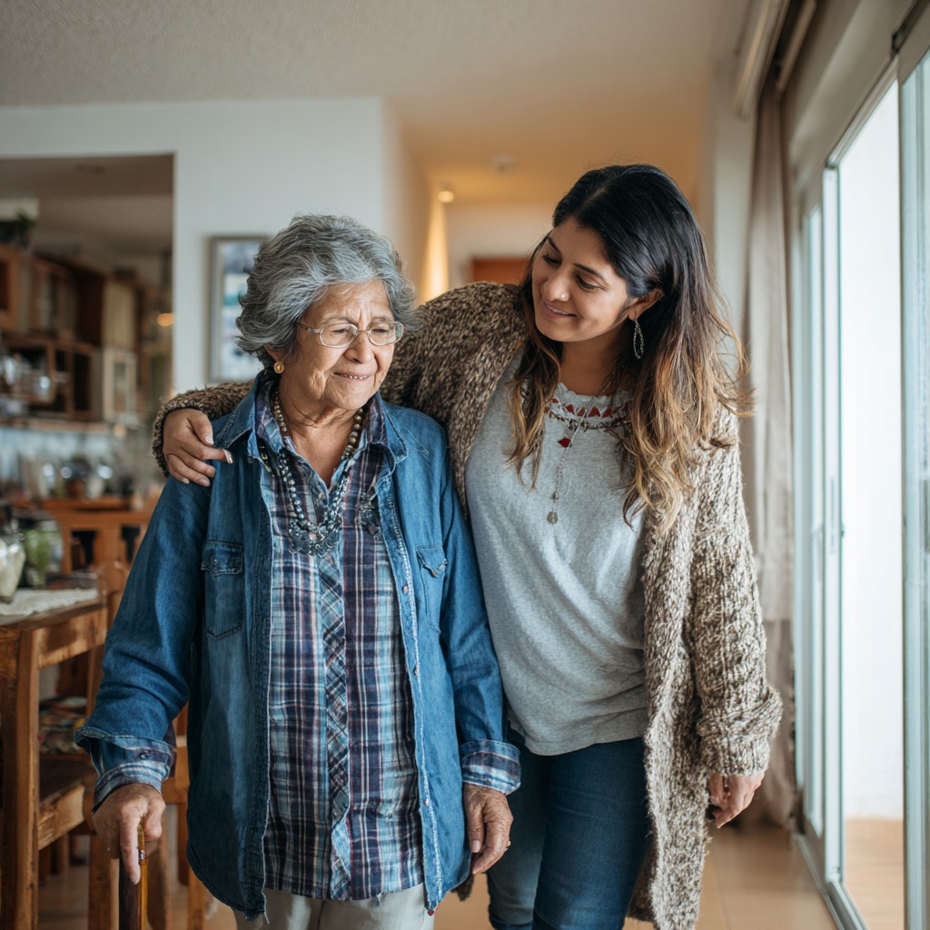 A realistic photo of an adult Latina daughter supporting her elderly mother during a physical therapy session at home