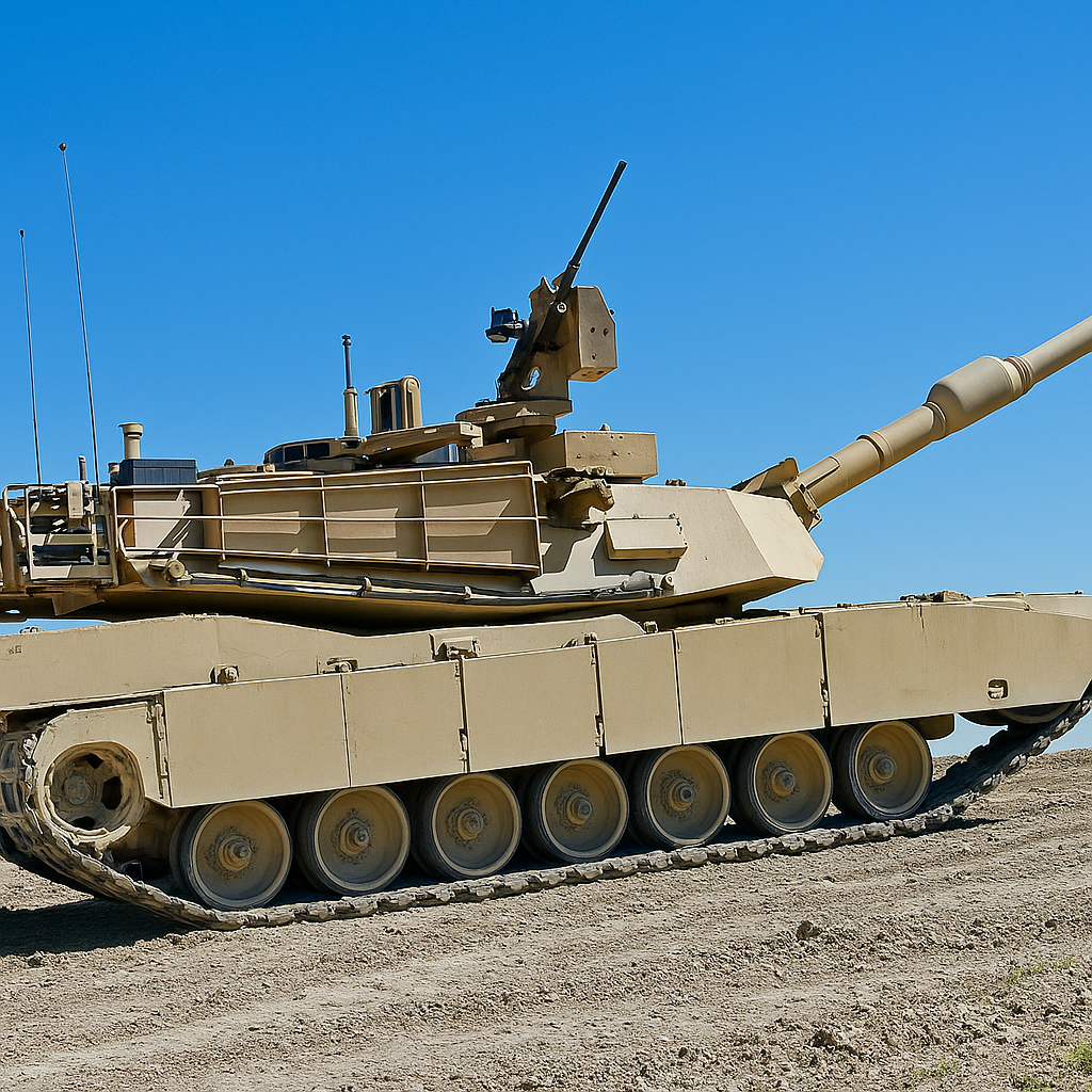 A tan military tank on rough terrain against a clear blue sky.
