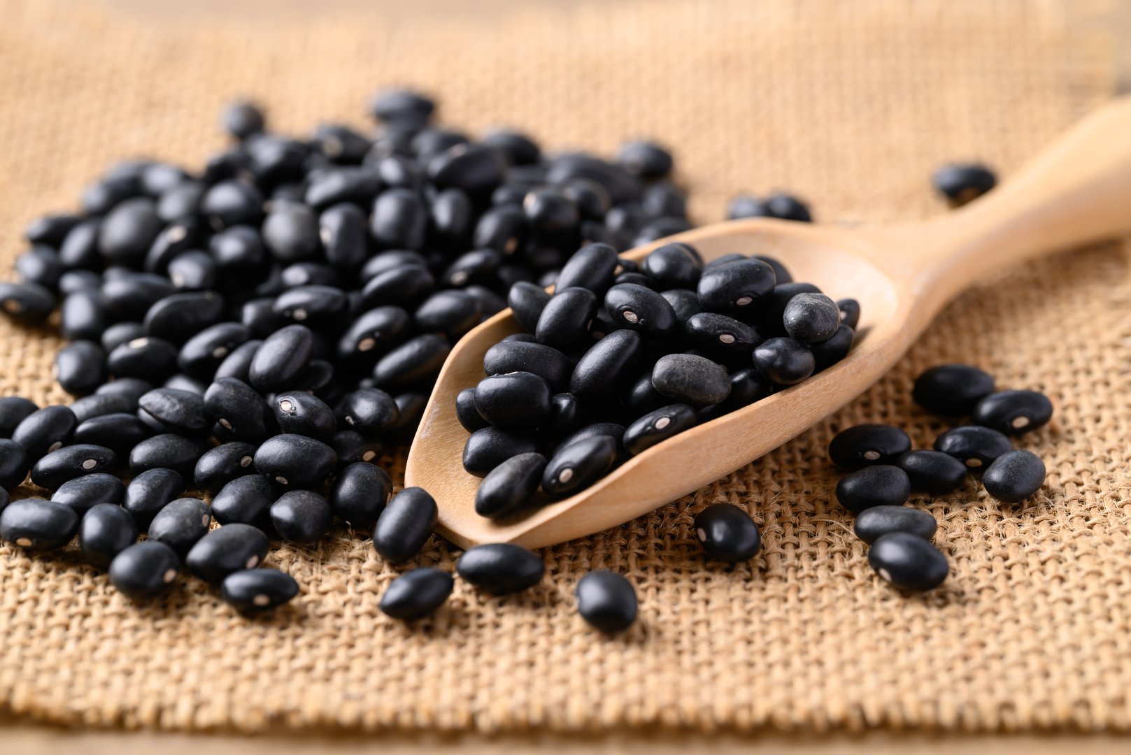 Black bean with wooden scoop, Food ingredient