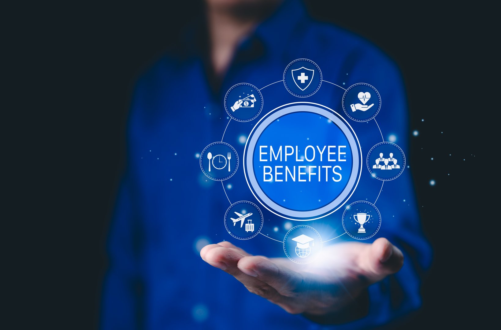 Employee Benefits and Compensation Strategy Concept. Icons representing employee benefits, including healthcare, insurance, vacation, financial perks, workplace incentives, and compensation strategy.