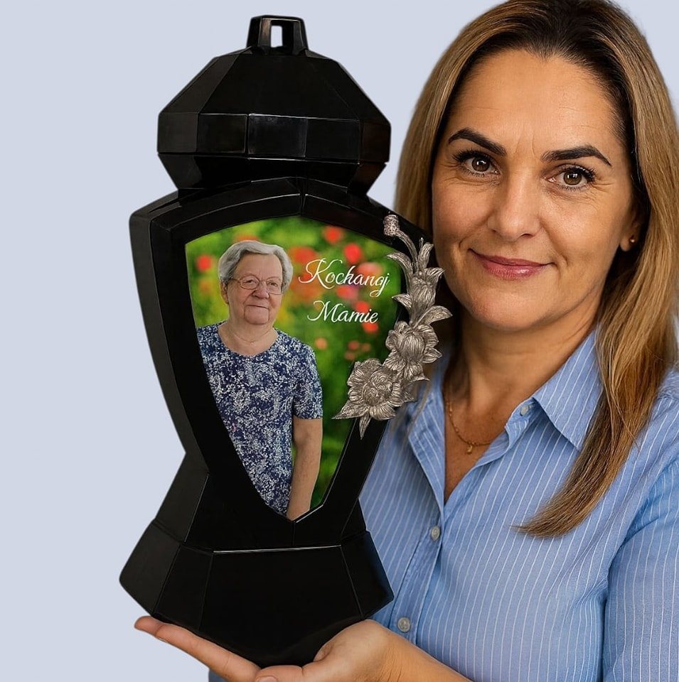 Woman in blue shirt holds a black memorial lantern with a photo of an elderly woman and floral design.