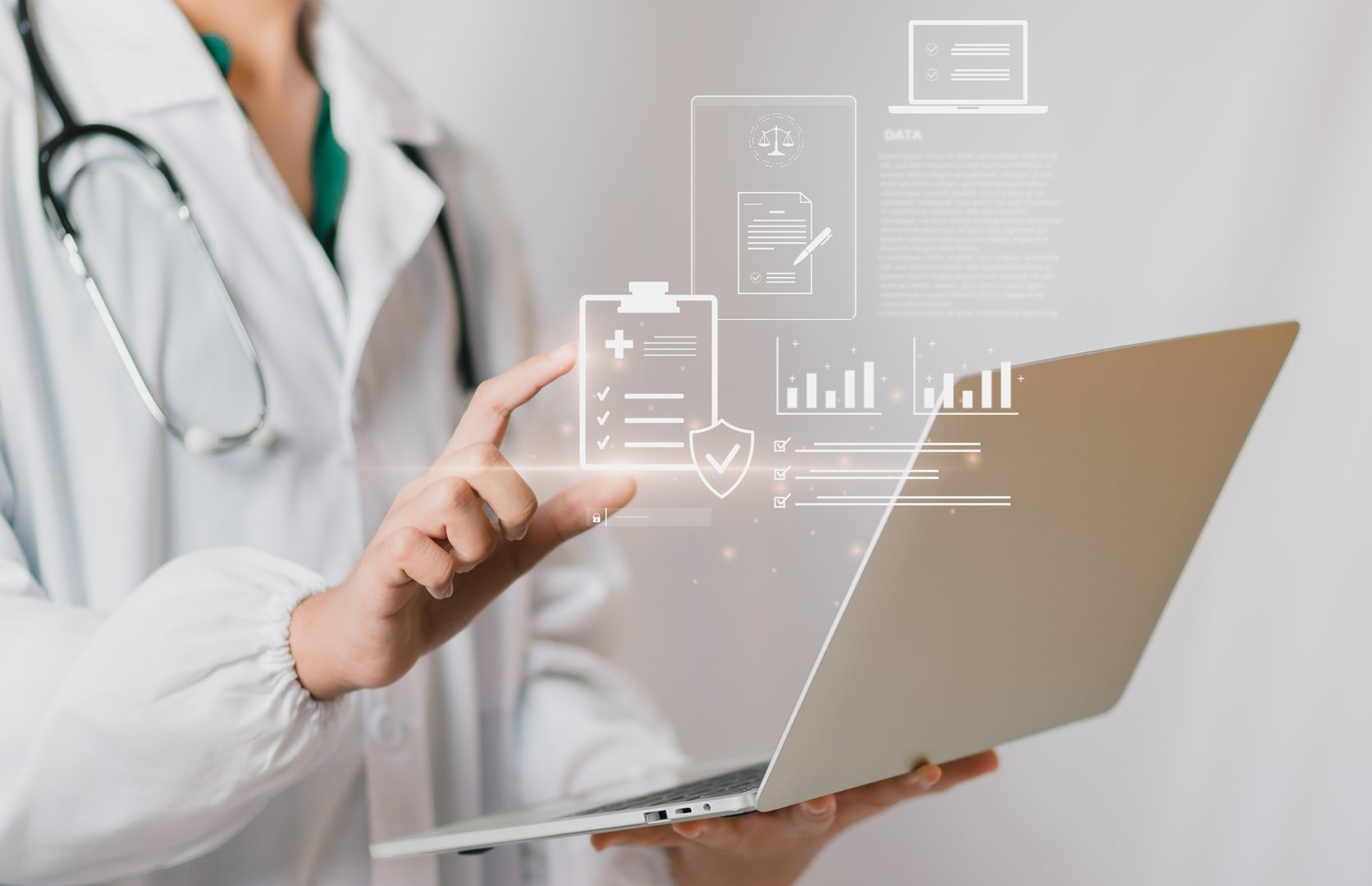 Concept Digital Compliance & Quality showing healthcare professional use laptop, floating checklist, secure document, audit chart, symbolizing medical standard, regulation control, workflow efficiency