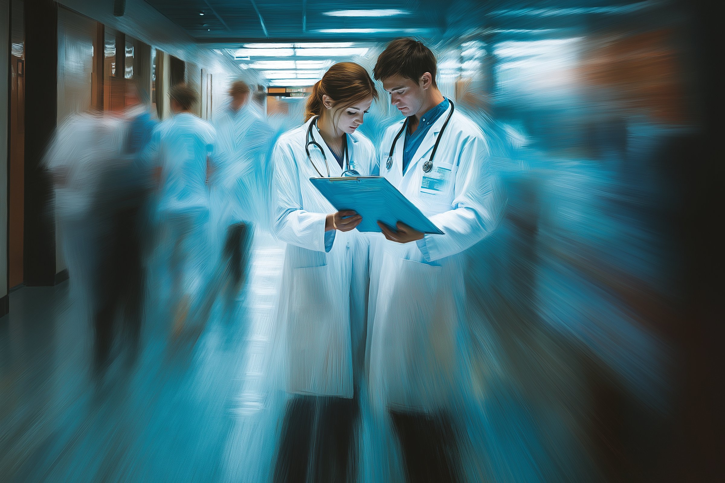 Two doctors in lab coats read a medical chart in a busy hospital corridor with motion blur effect.