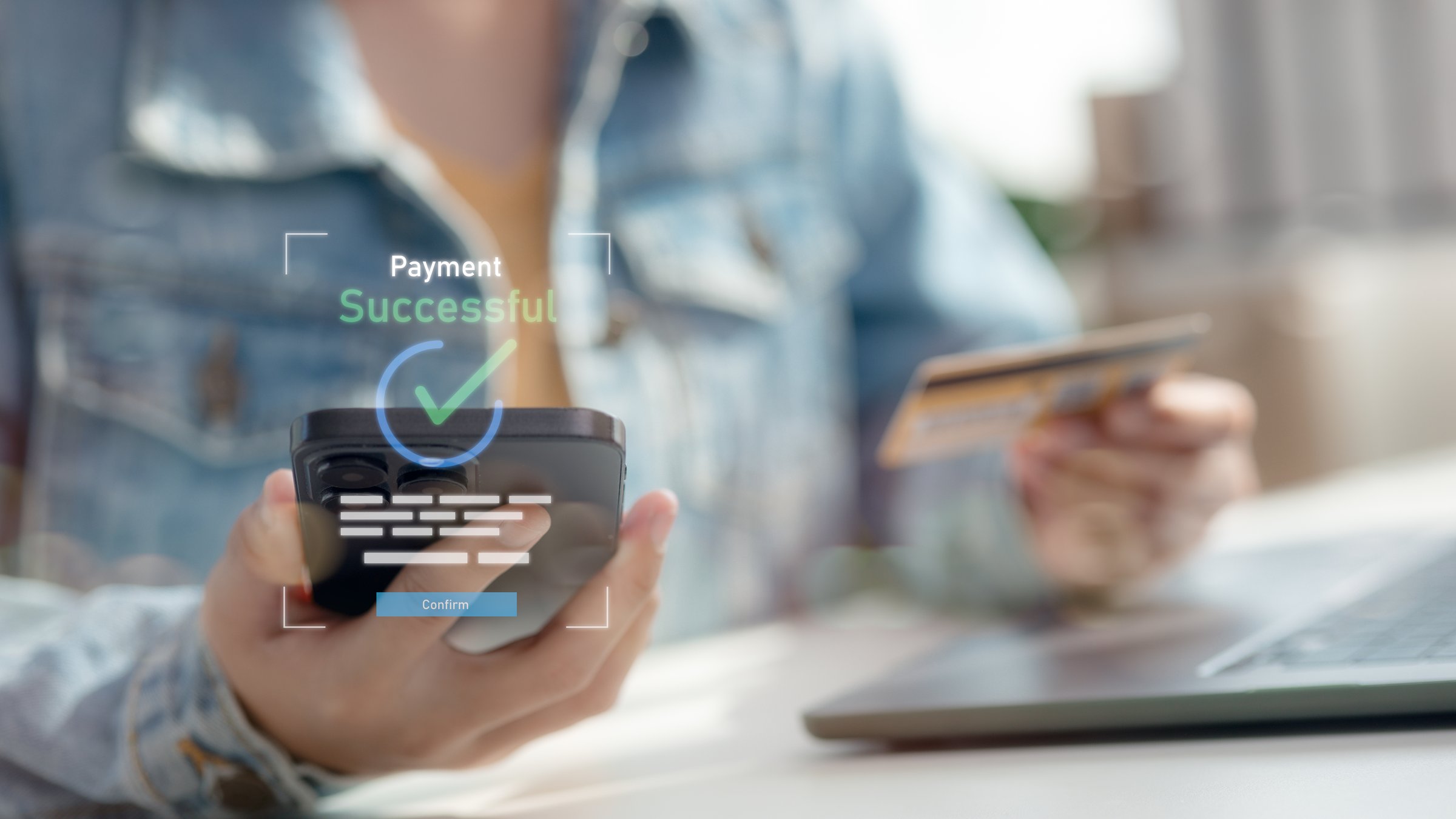 Online Money Transfer Confirmed. Hand holding credit card and smartphone with Payment successful. Concept of e-commerce and online banking, payment transfer. Payment successful concept.