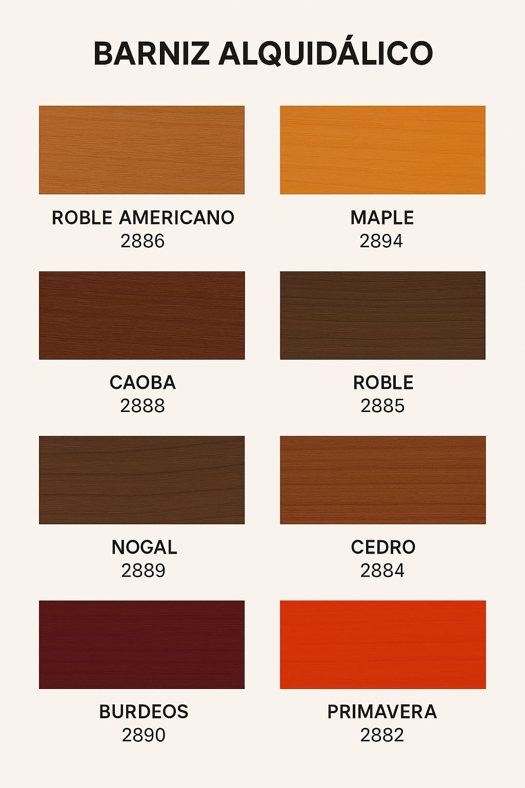 Paint color chart for wood varnish with eight shades including Roble Americano, Maple, Caoba, Nogal, and Primavera.