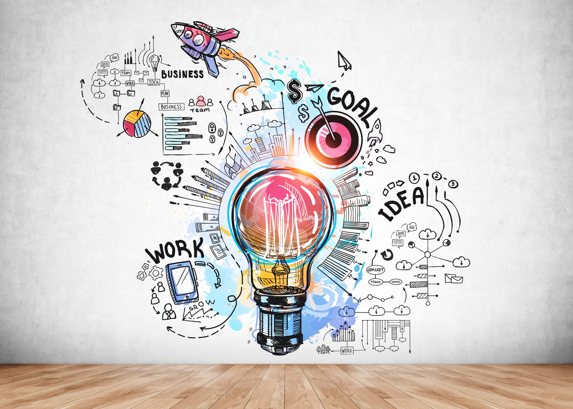 Colourful sketch with large light bulb, rocket launch, cogwheel, business, plan, teamwork, goal, smartphone on concrete wall and wooden floor. Concept of imagination and inspiration for creative ideas