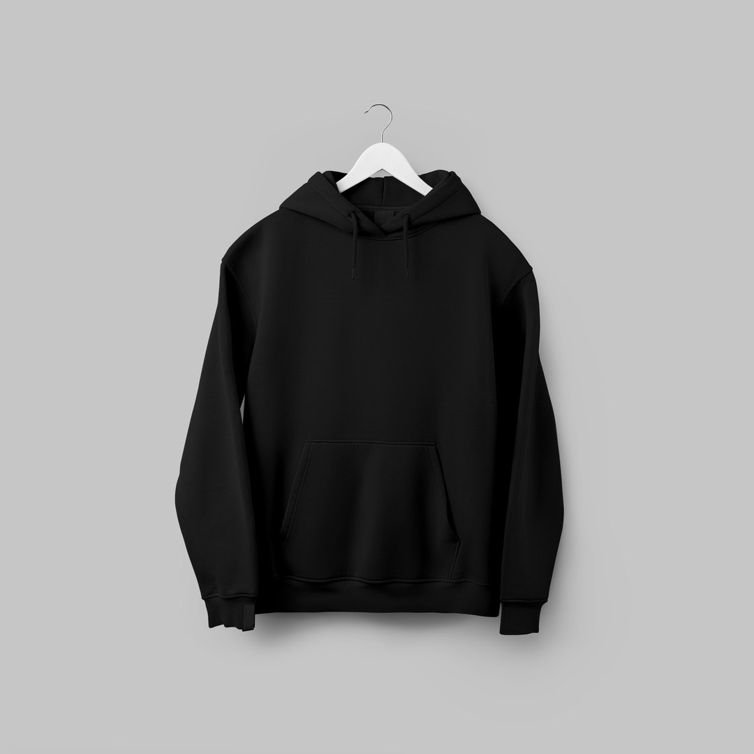 Oversized black hoodie template on wooden hanger, for design, print, pattern, branding, front view. Streetwear mockup isolated on white background with shadows, stylish men's clothing