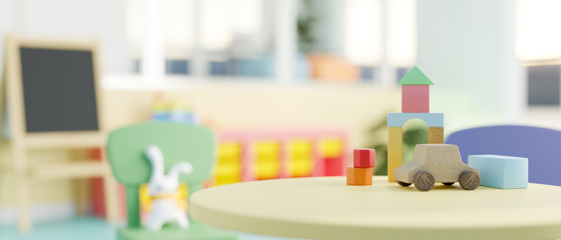 A close-up image of a green round table features kids' toys in a colorful kindergarten classroom. nursery, kid's playroom, school. 3d render, 3d illustration