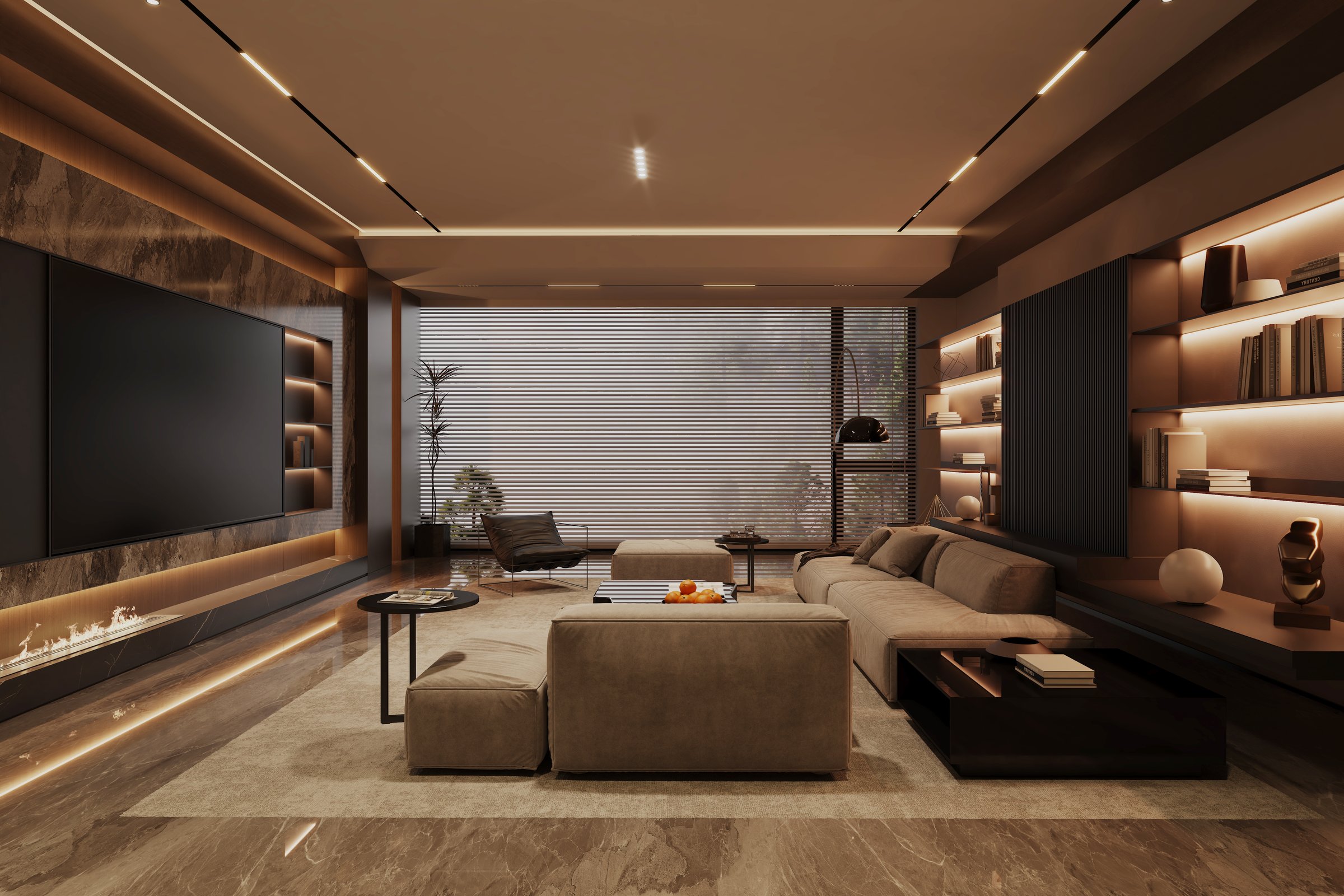 A luxurious media lounge defined by a marble wall with a TV and linear fireplace. A modular sofa and integrated LED lighting create a sophisticated, warm, and high-tech ambiance.