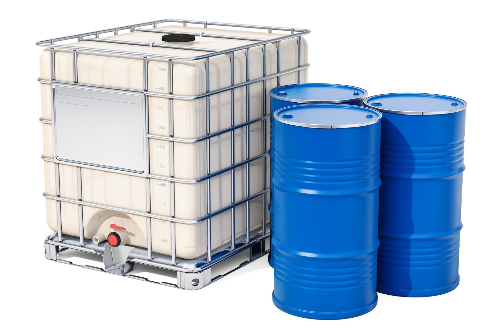 Intermediate bulk container with metallic barrels, 3D rendering isolated on white background