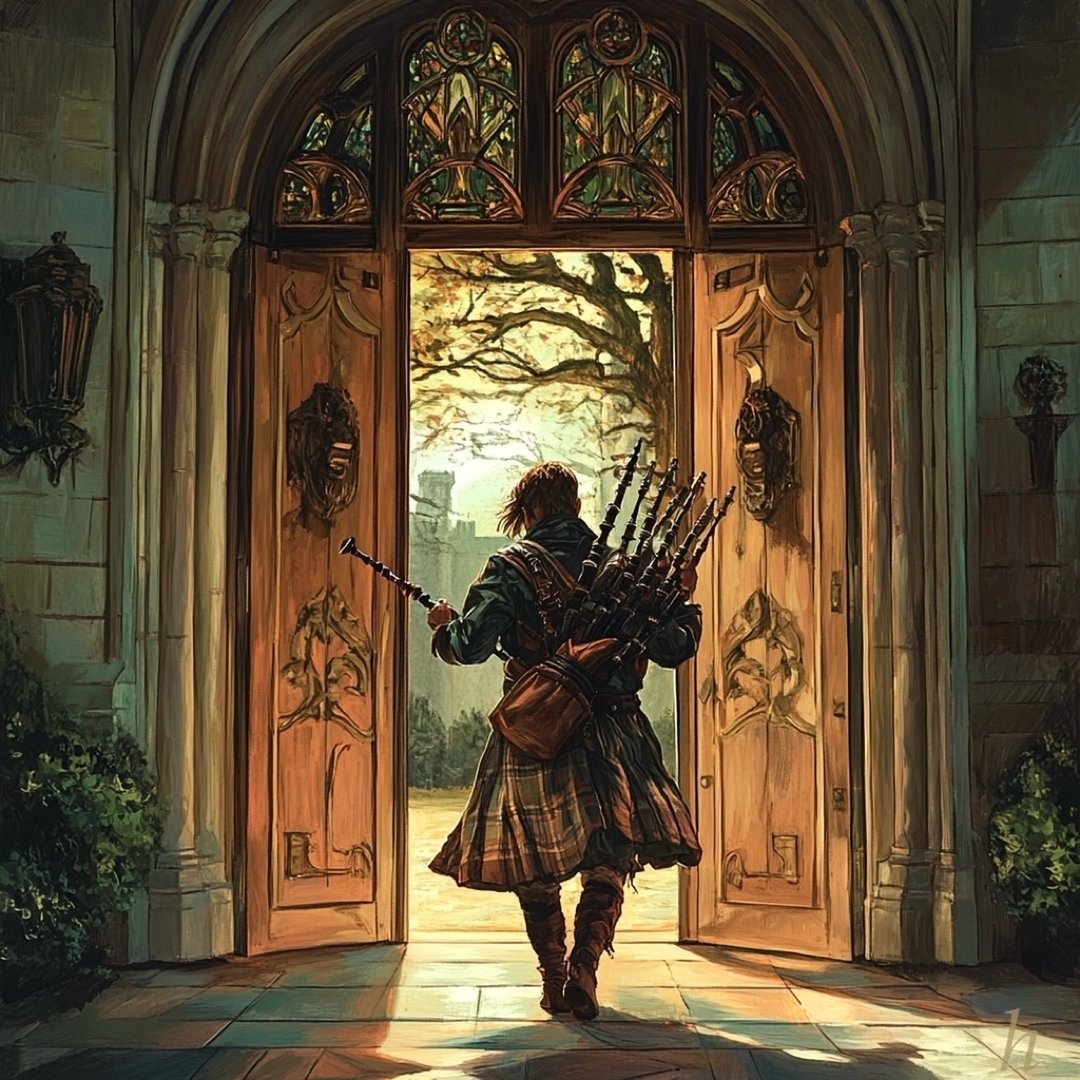 Person in tartan attire playing bagpipes, walking through ornate open doors towards a sunlit garden with a tree.