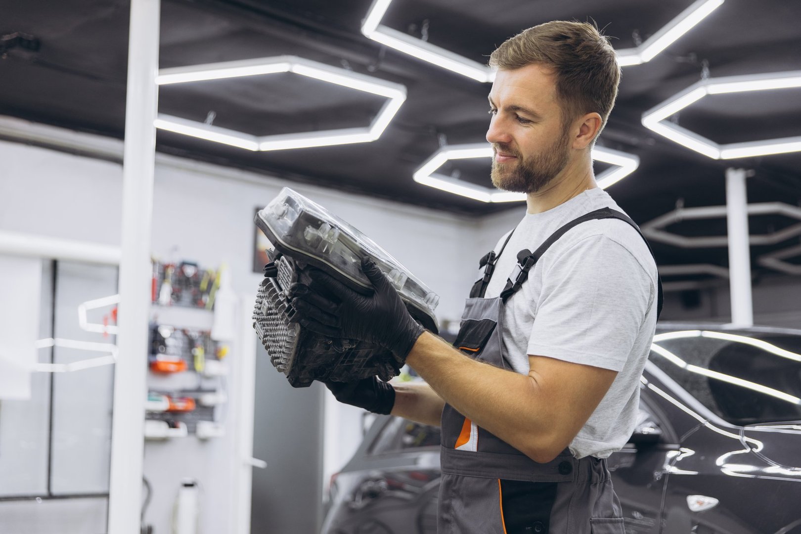 A mechanic is carefully inspecting a car headlight in a modern auto repair shop. The image captures the professional environment and attention to detail.