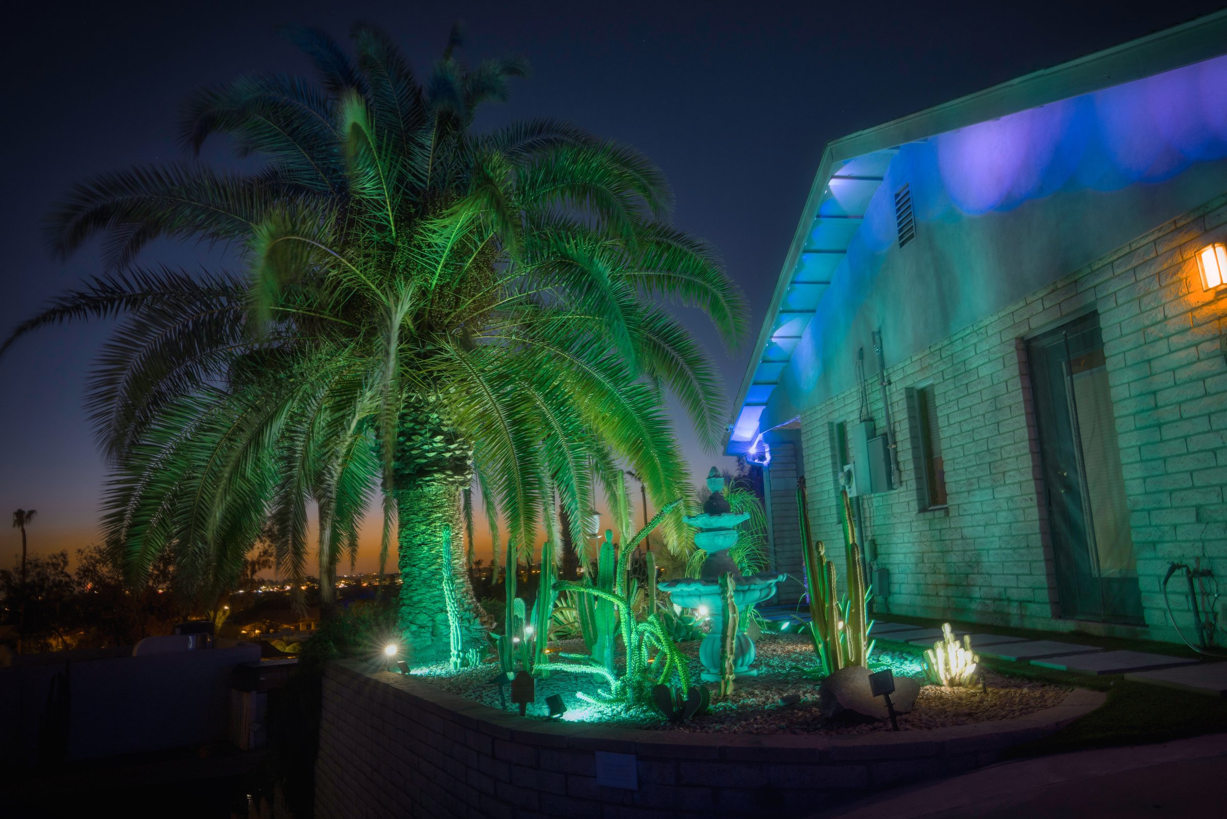 A glowing desert front yard with palm trees, cactus garden, and a turquoise-lit fountain outside a mid-century modern home at sunset.