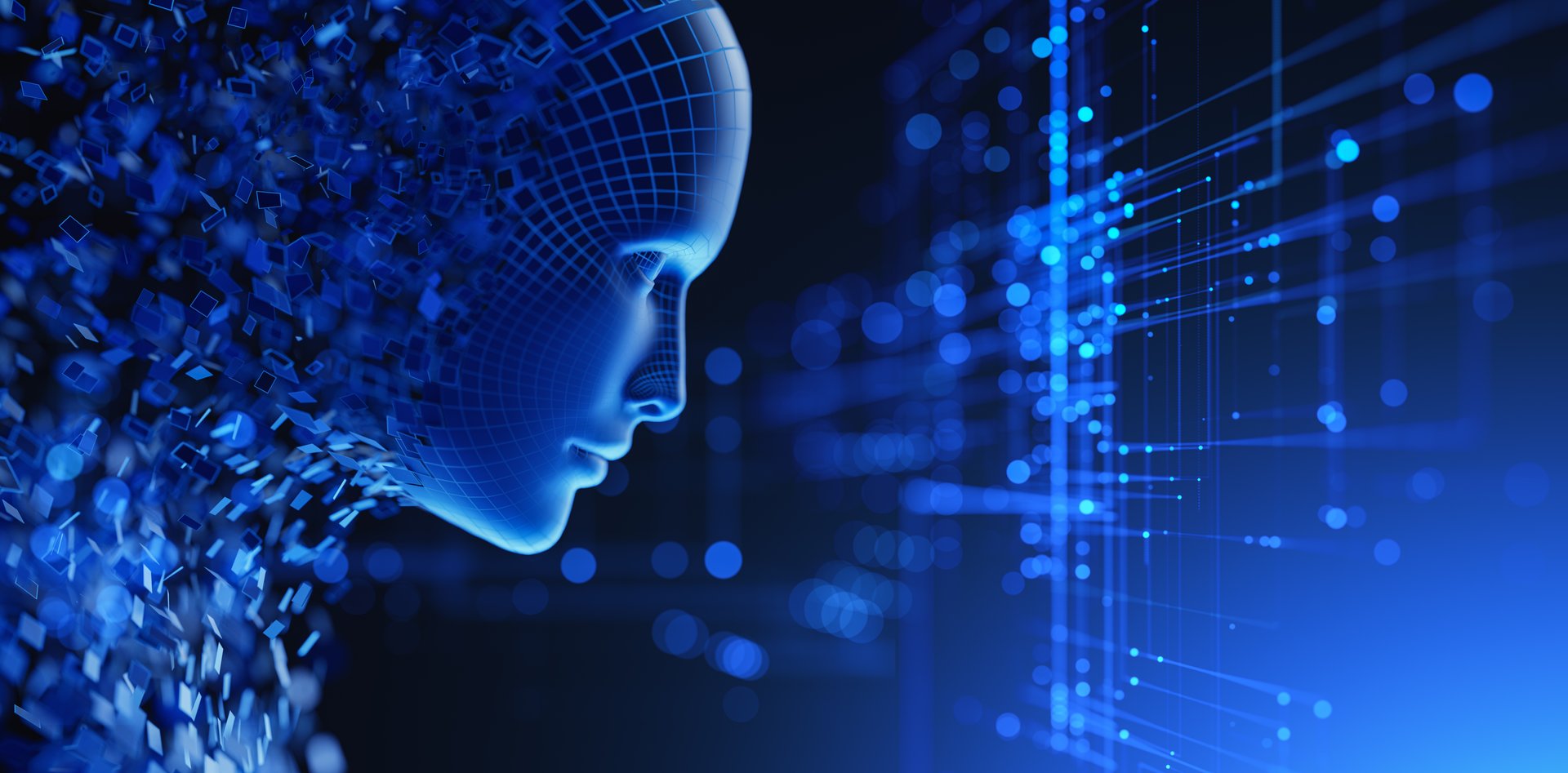 Human Face Avatar with AI Artificial Intelligence and digital grid.