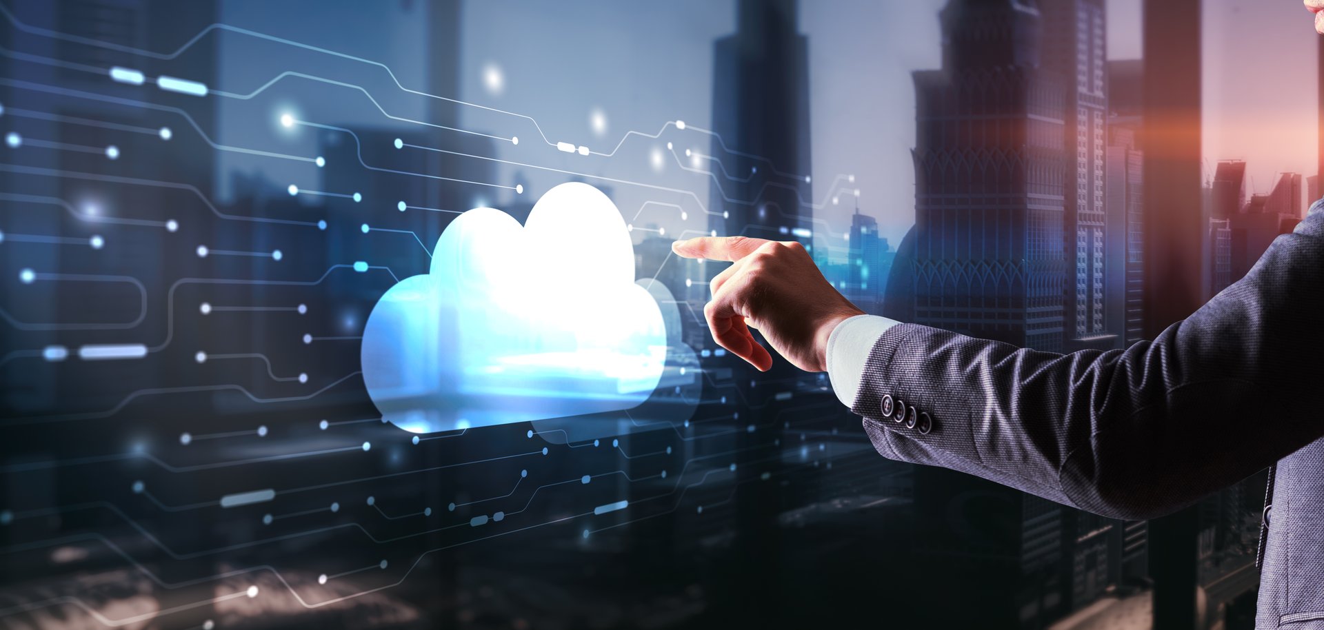 Digital technology data exchange cloud computing global business concept. Cloud computing on a virtual screen.