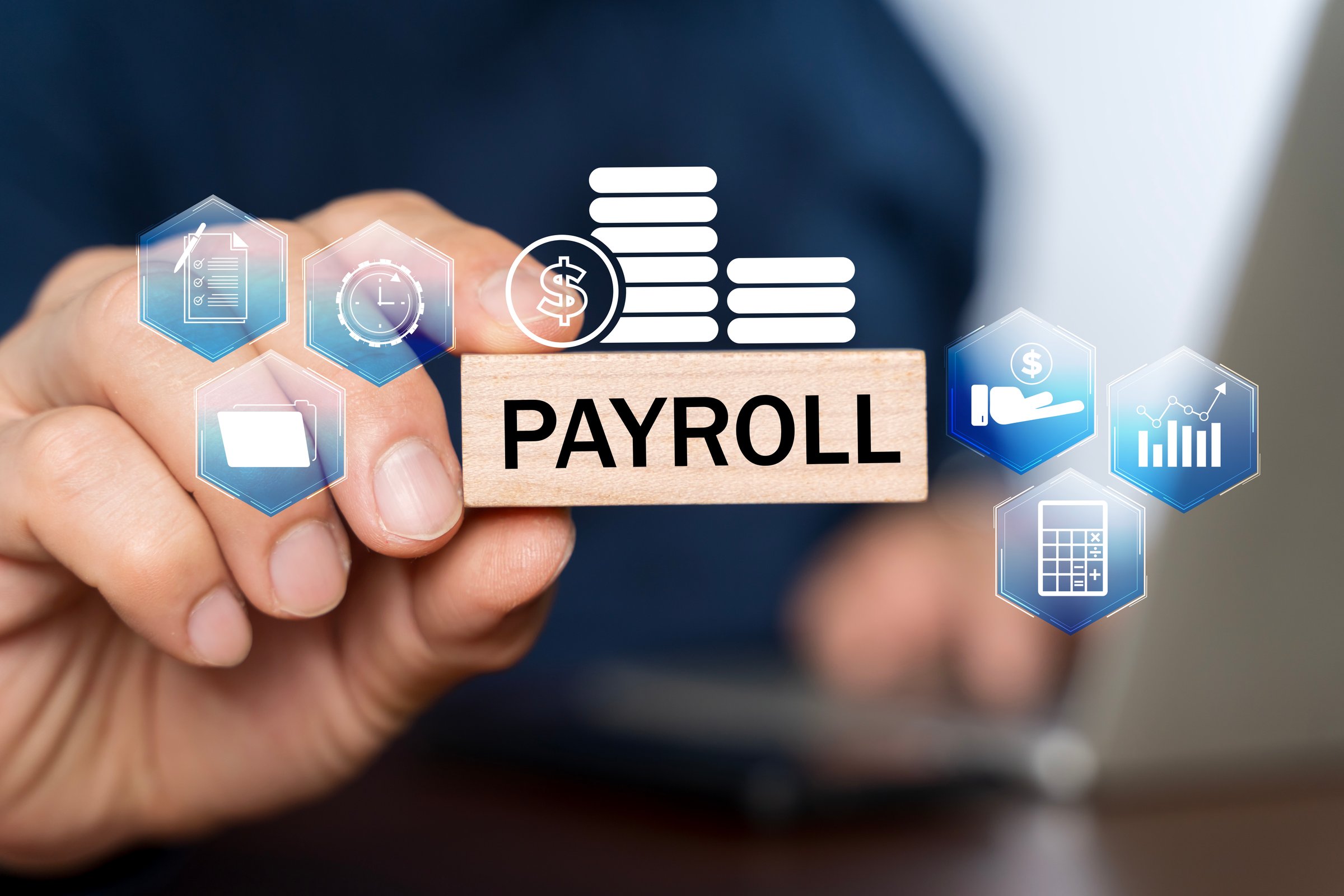 Payroll business finance concept, Businessman holding virtual Payroll icon for report financial information and do payroll, Financial, accounting. Individual income tax payment form.